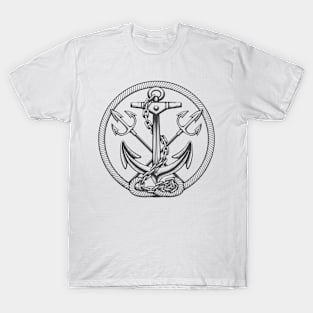 Ship anchor with tridents and ropes engraving illustration T-Shirt